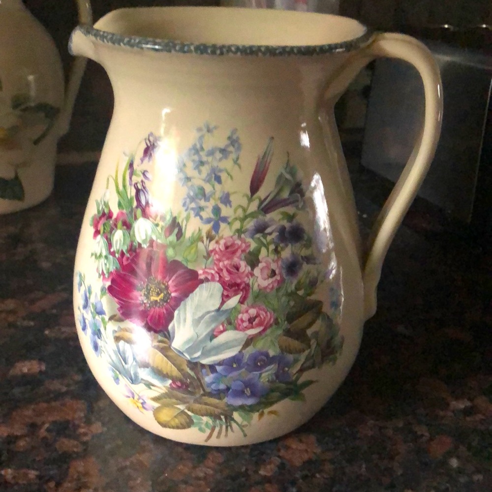 Floral Pitcher Boho Jug Home and Garden Party Stoneware Made in USA 7.5” April